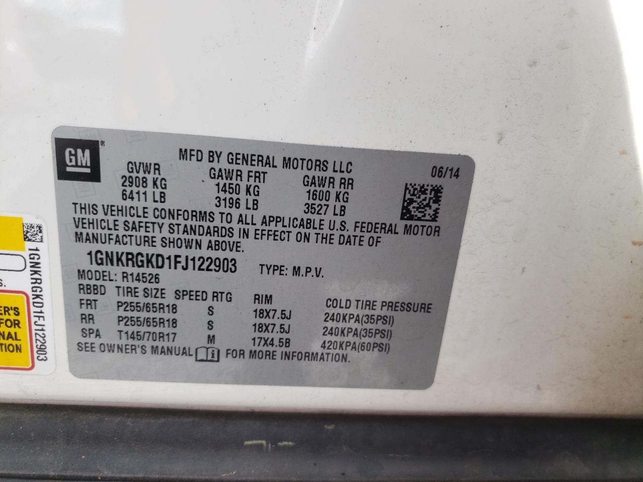 Photo 10 from auction – 2015 CHEVROLET TRAVERSE L with VIN 1GNKRGKD1FJ122903