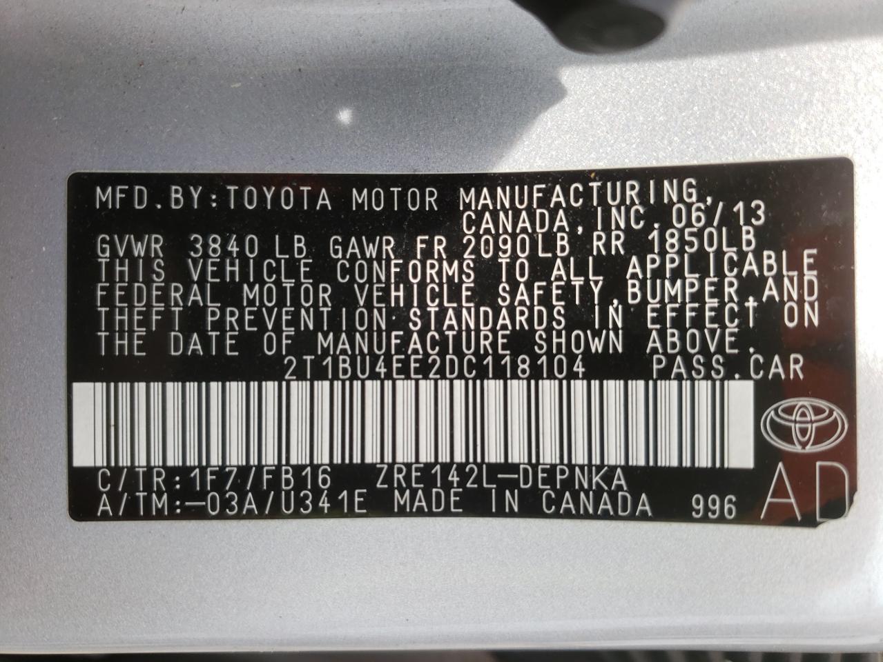 Photo 10 from auction – 2013 TOYOTA COROLLA BA with VIN 2T1BU4EE2DC118104
