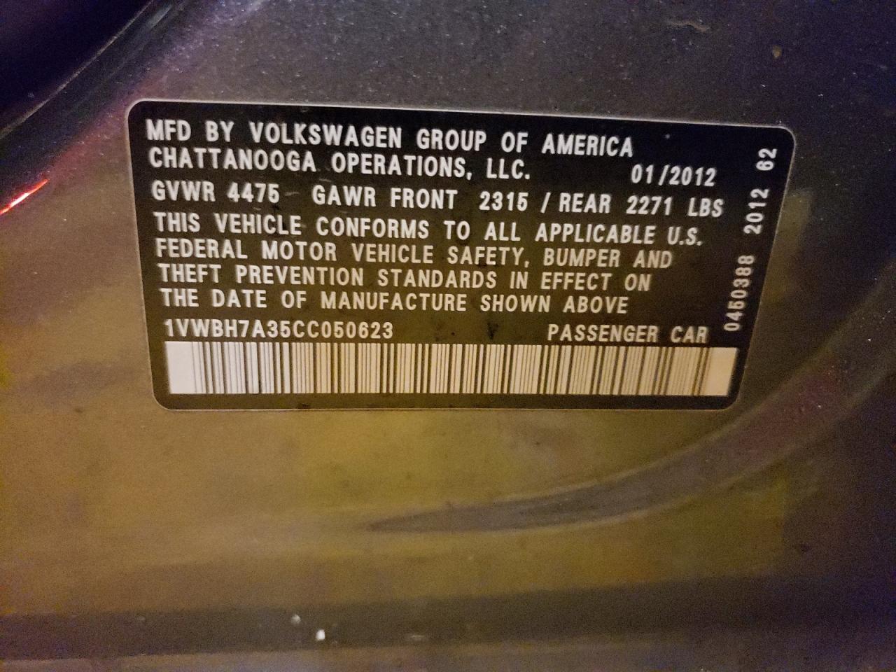 Photo 10 from auction – 2012 VOLKSWAGEN PASSAT SE with VIN 1VWBH7A35CC050623