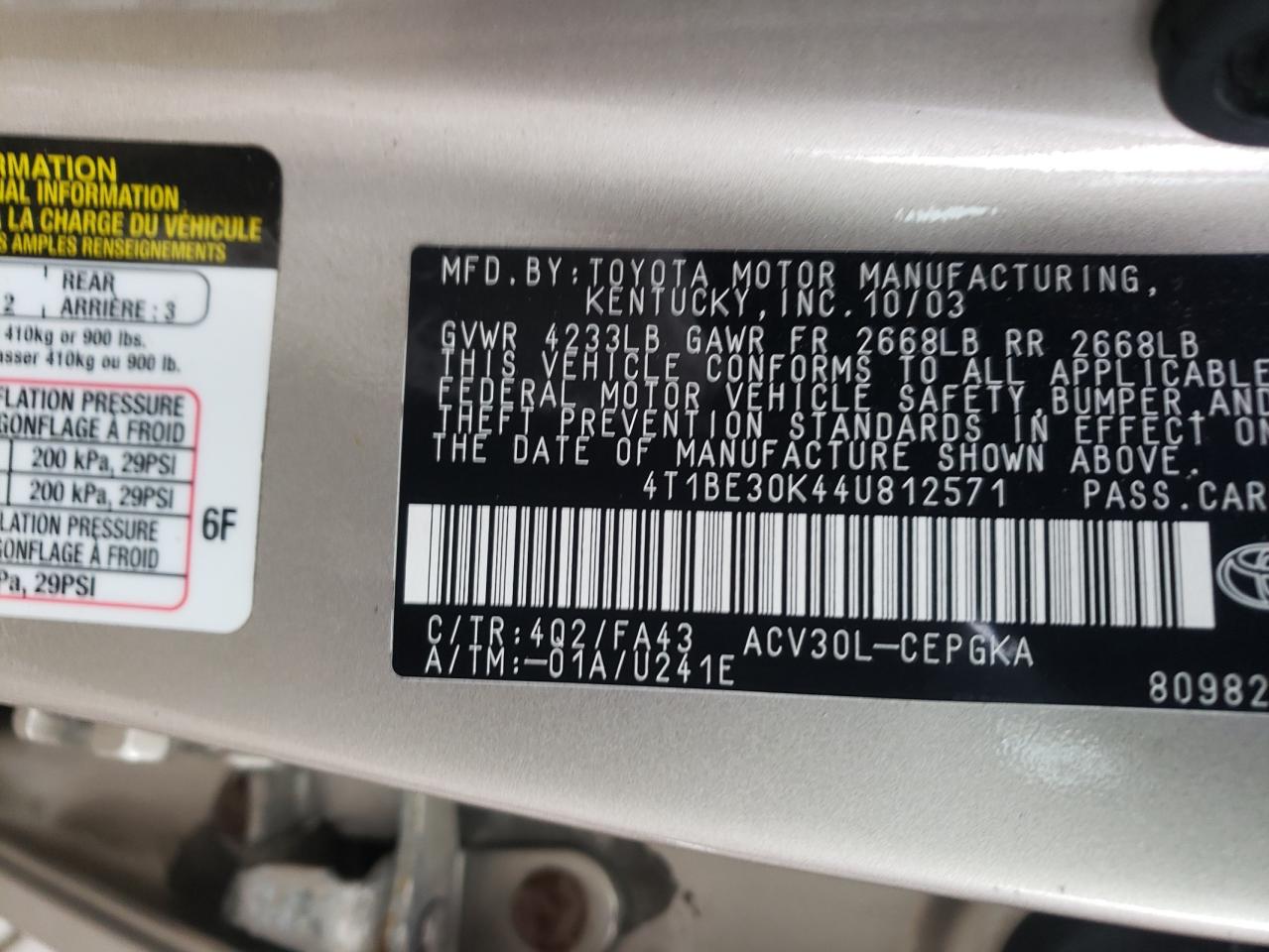 Photo 10 from auction – 2004 TOYOTA CAMRY LE with VIN 4T1BE30K44U812571