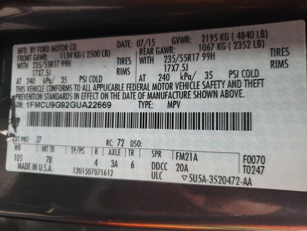 Photo 10 from auction – 2016 FORD ESCAPE SE with VIN 1FMCU9G92GUA22669