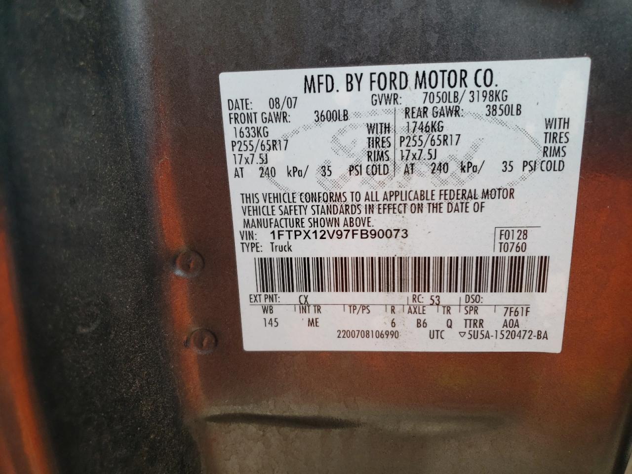 Photo 10 from auction – 2007 FORD F150 with VIN 1FTPX12V97FB90073