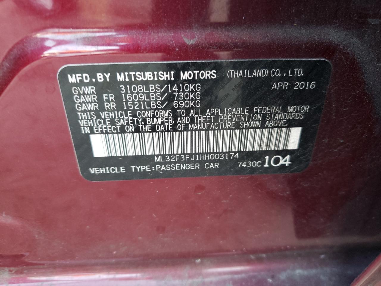 Photo 10 from auction – 2017 MITSUBISHI MIRAGE G4 with VIN ML32F3FJ1HH003174