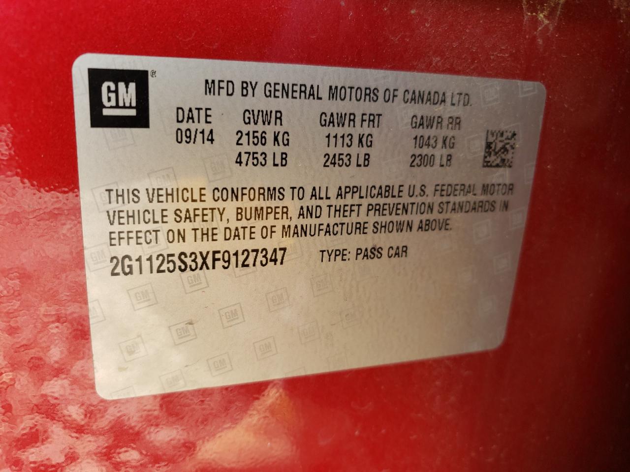 Photo 10 from auction – 2015 CHEVROLET IMPALA LT with VIN 2G1125S3XF9127347