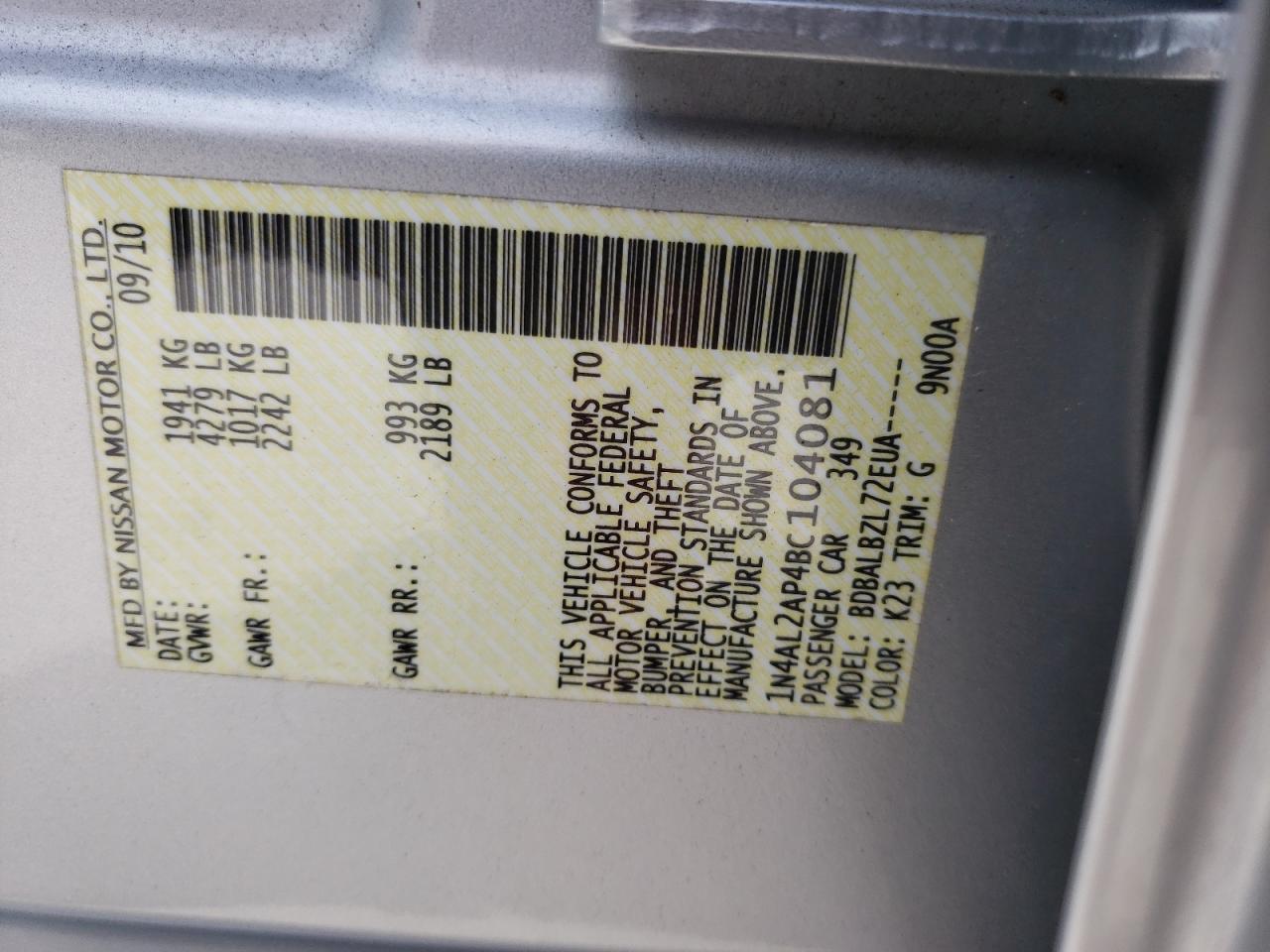 Photo 10 from auction – 2011 NISSAN ALTIMA BAS with VIN 1N4AL2AP4BC104081