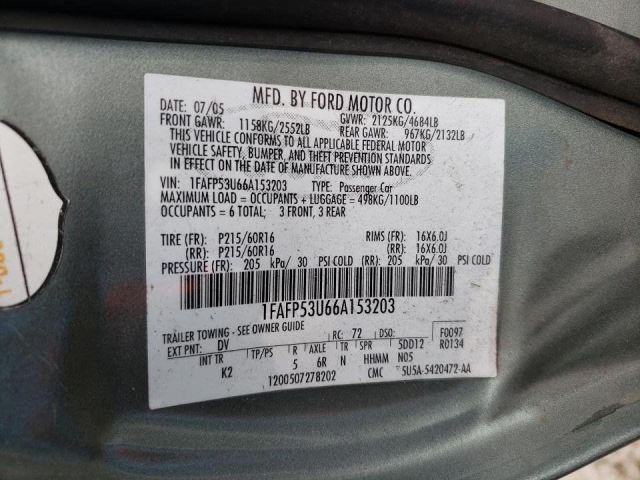 Photo 10 from auction – 2006 FORD TAURUS SE with VIN 1FAFP53U66A153203