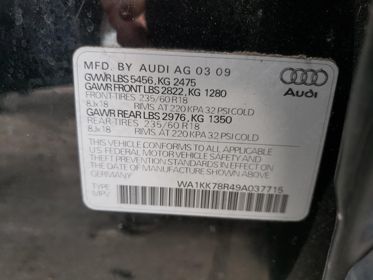 Photo 10 from auction – 2009 AUDI Q5 3.2 with VIN WA1KK78R49A037715