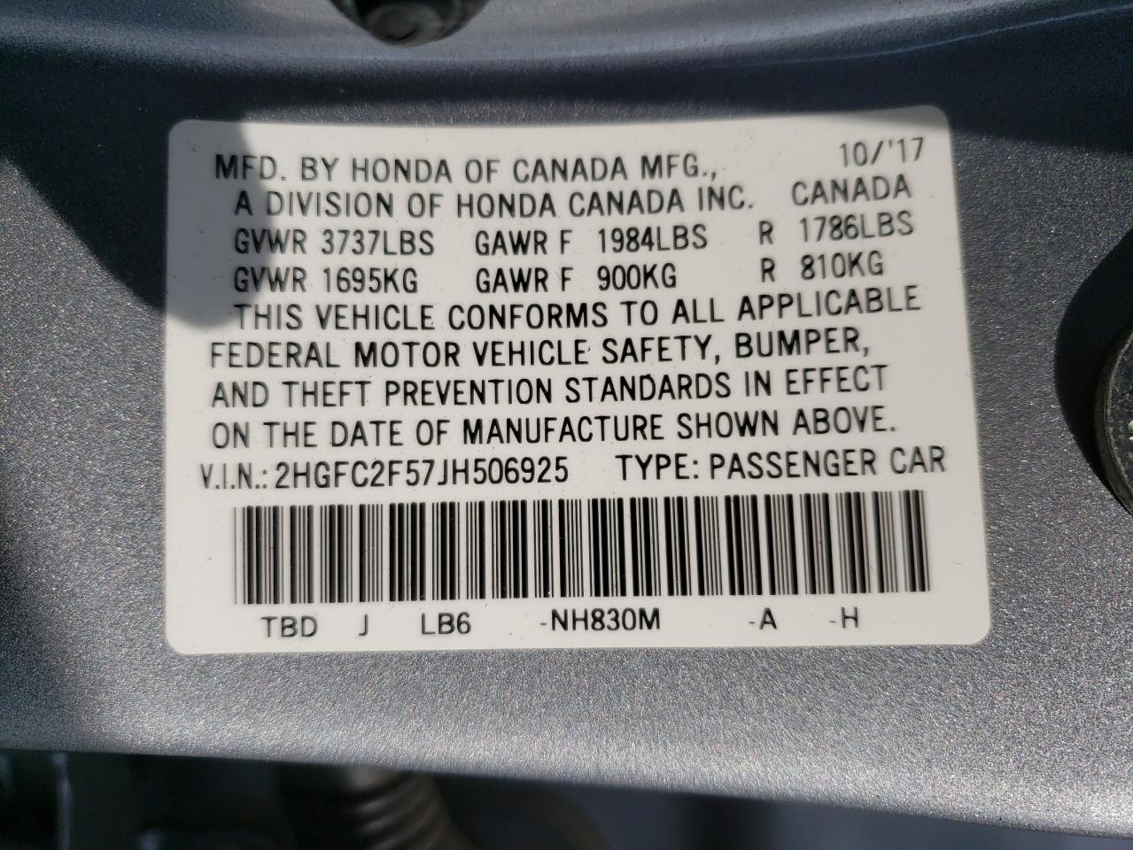 Photo 10 from auction – 2018 HONDA CIVIC LX with VIN 2HGFC2F57JH506925