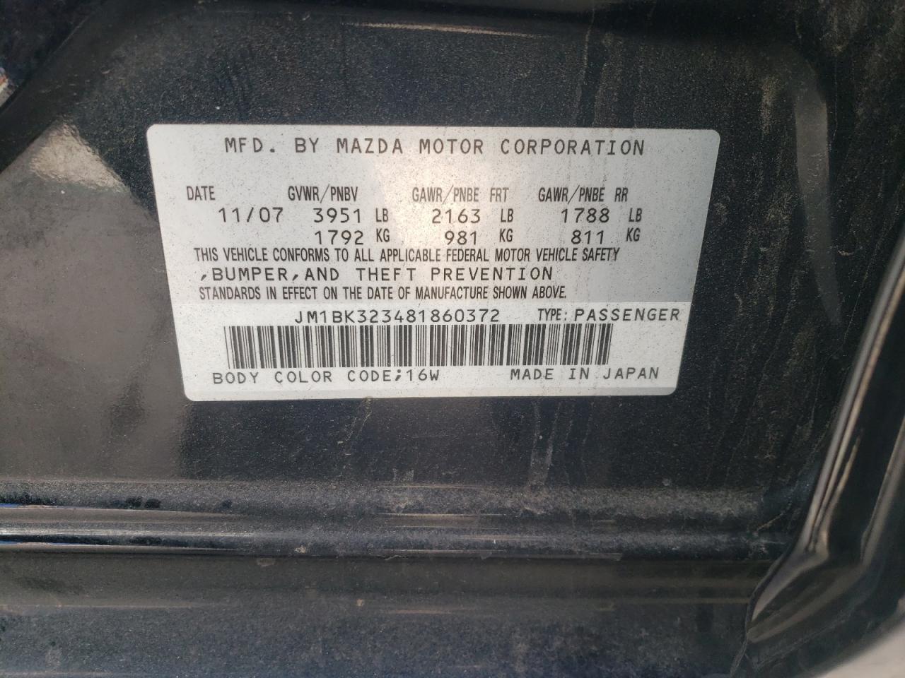 Photo 10 from auction – 2008 MAZDA 3 S with VIN JM1BK323481860372