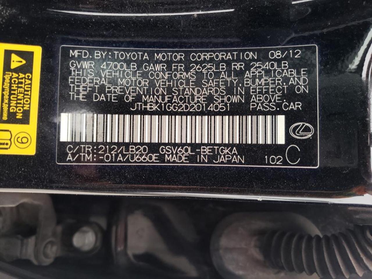Photo 10 from auction – 2013 LEXUS ES 350 with VIN JTHBK1GG2D2014051