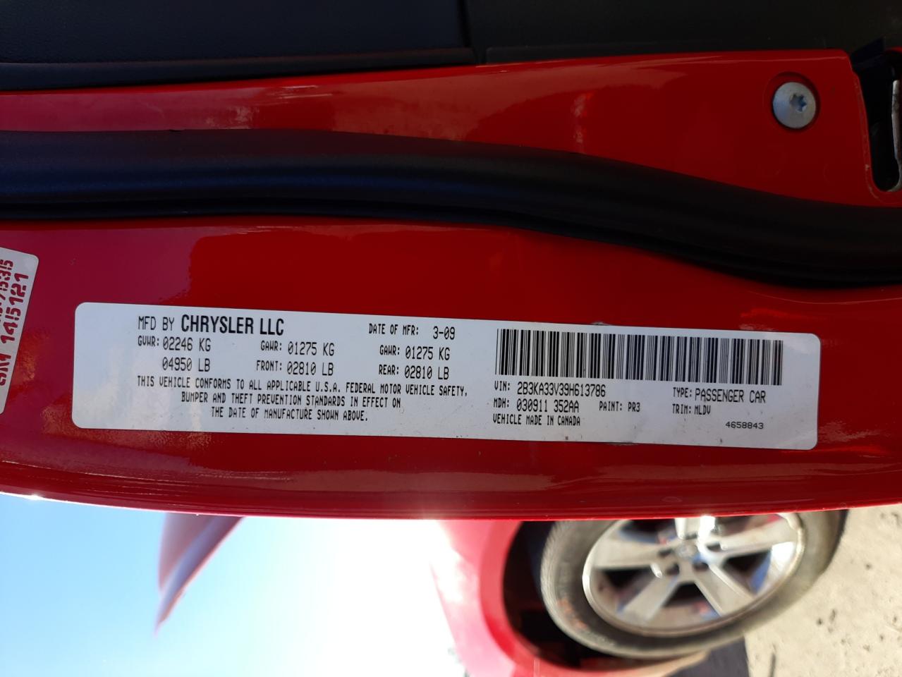 Photo 10 from auction – 2009 DODGE CHARGER SX with VIN 2B3KA33V39H613786