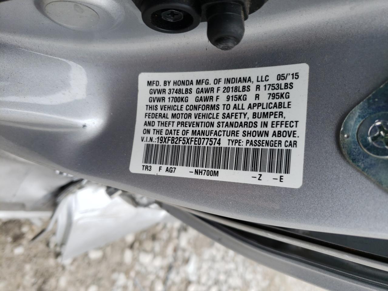 Photo 10 from auction – 2015 HONDA CIVIC with VIN 19XFB2F5XFE077574