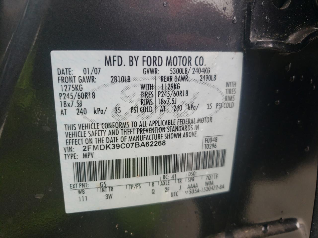 Photo 10 from auction – 2007 FORD EDGE SEL P with VIN 2FMDK39C07BA62268