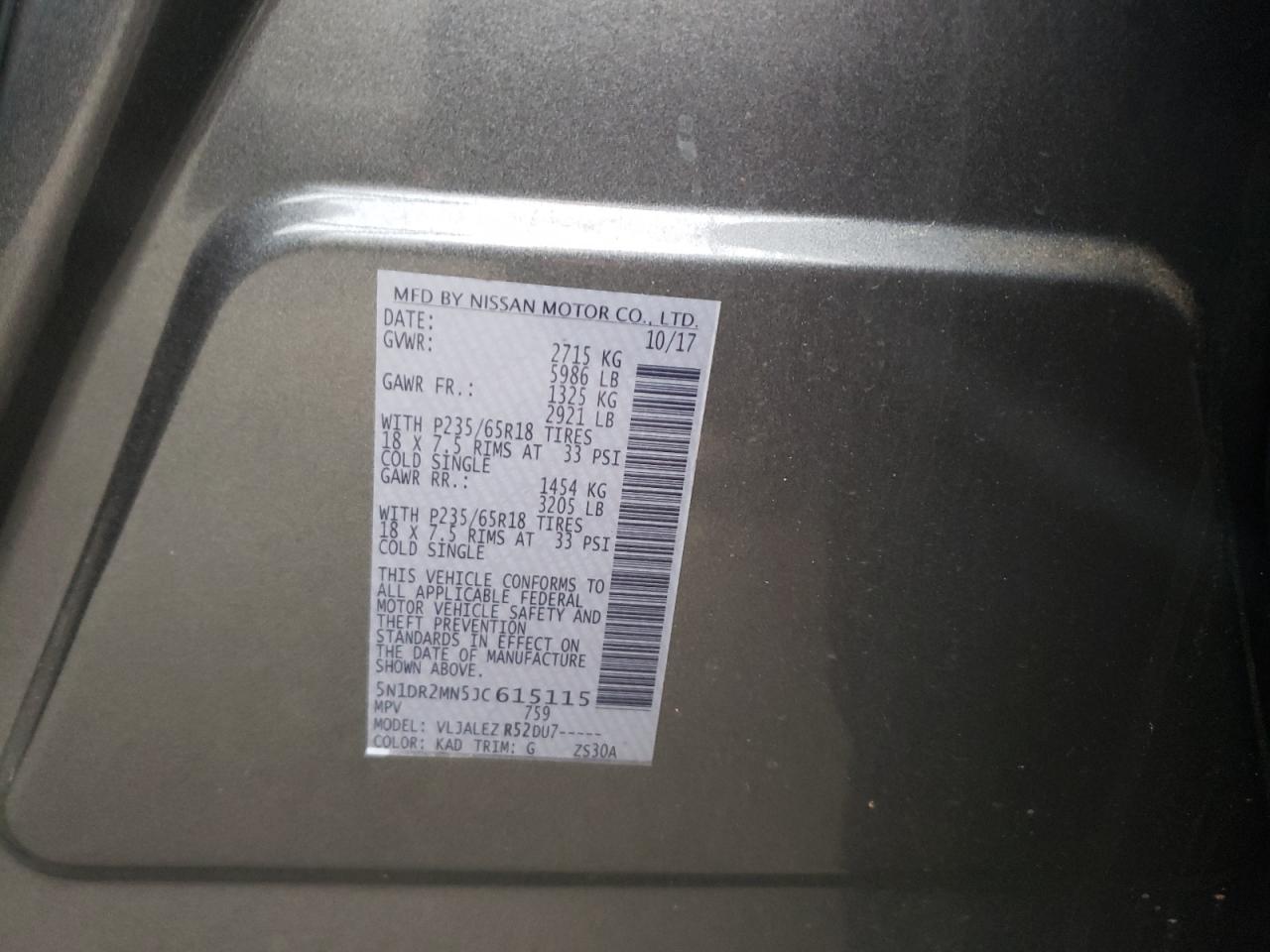 Photo 10 from auction – 2018 NISSAN PATHFINDER with VIN 5N1DR2MN5JC615115