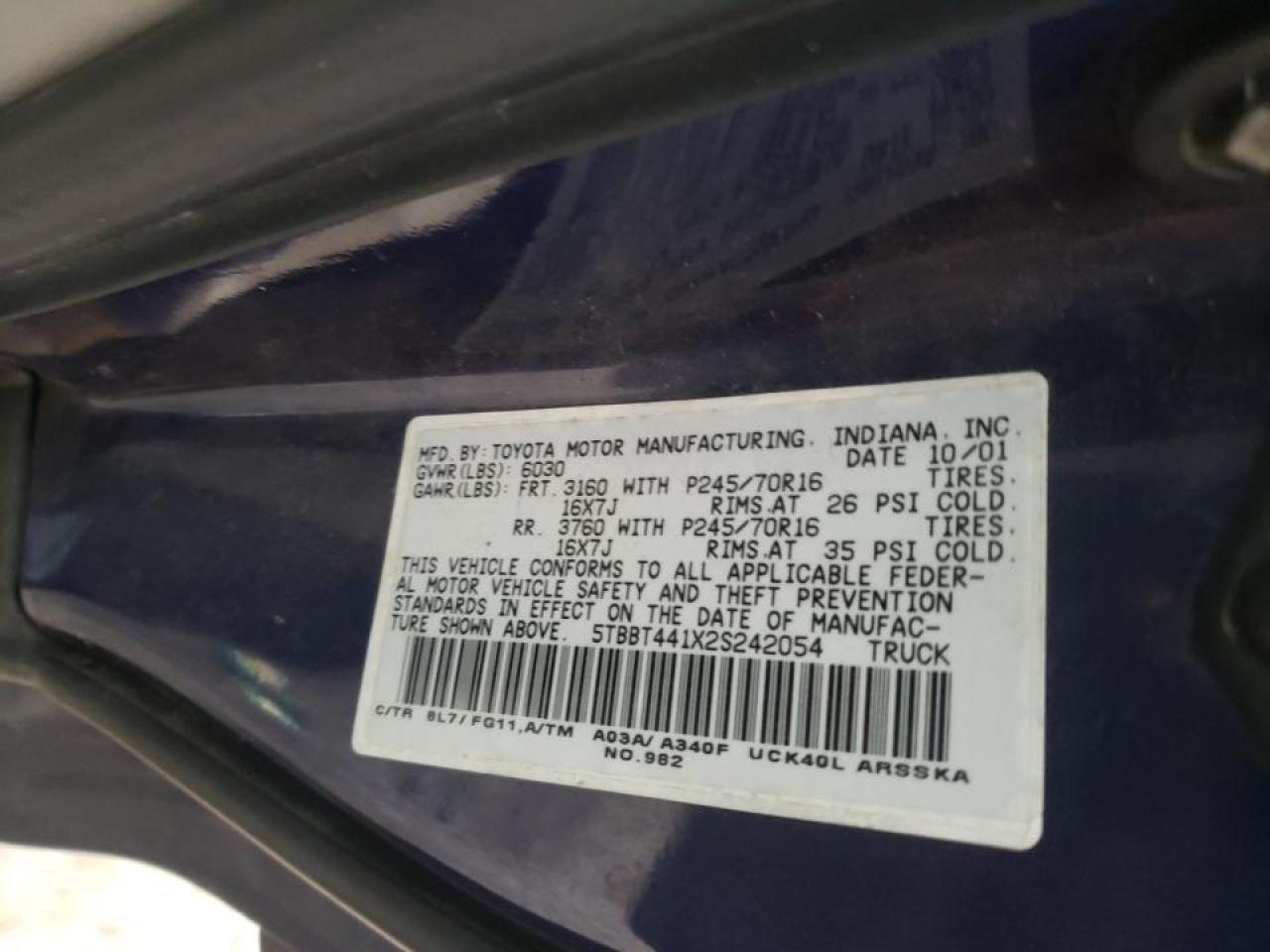 Photo 10 from auction – 2002 TOYOTA TUNDRA ACC with VIN 5TBBT441X2S242054