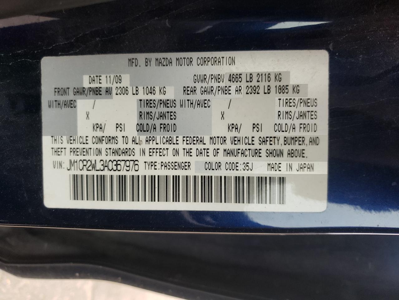 Photo 10 from auction – 2010 MAZDA 5 with VIN JM1CR2WL3A0367976