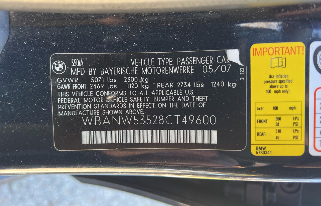 Photo 10 from auction – 2008 BMW 550 I with VIN WBANW53528CT49600