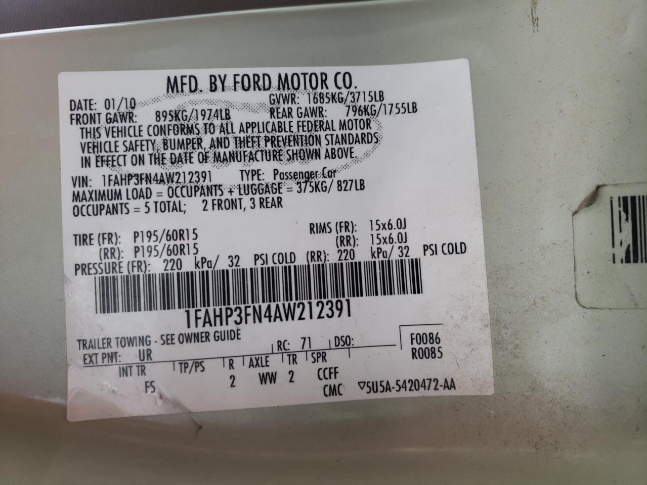 Photo 10 from auction – 2010 FORD FOCUS SE with VIN 1FAHP3FN4AW212391