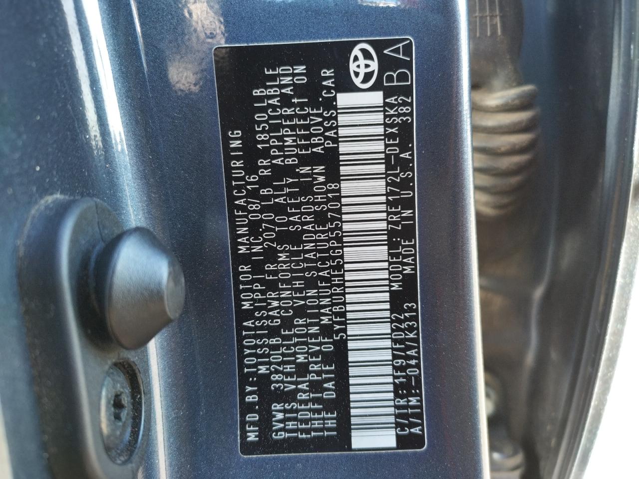 Photo 10 from auction – 2016 TOYOTA COROLLA L with VIN 5YFBURHE5GP557018