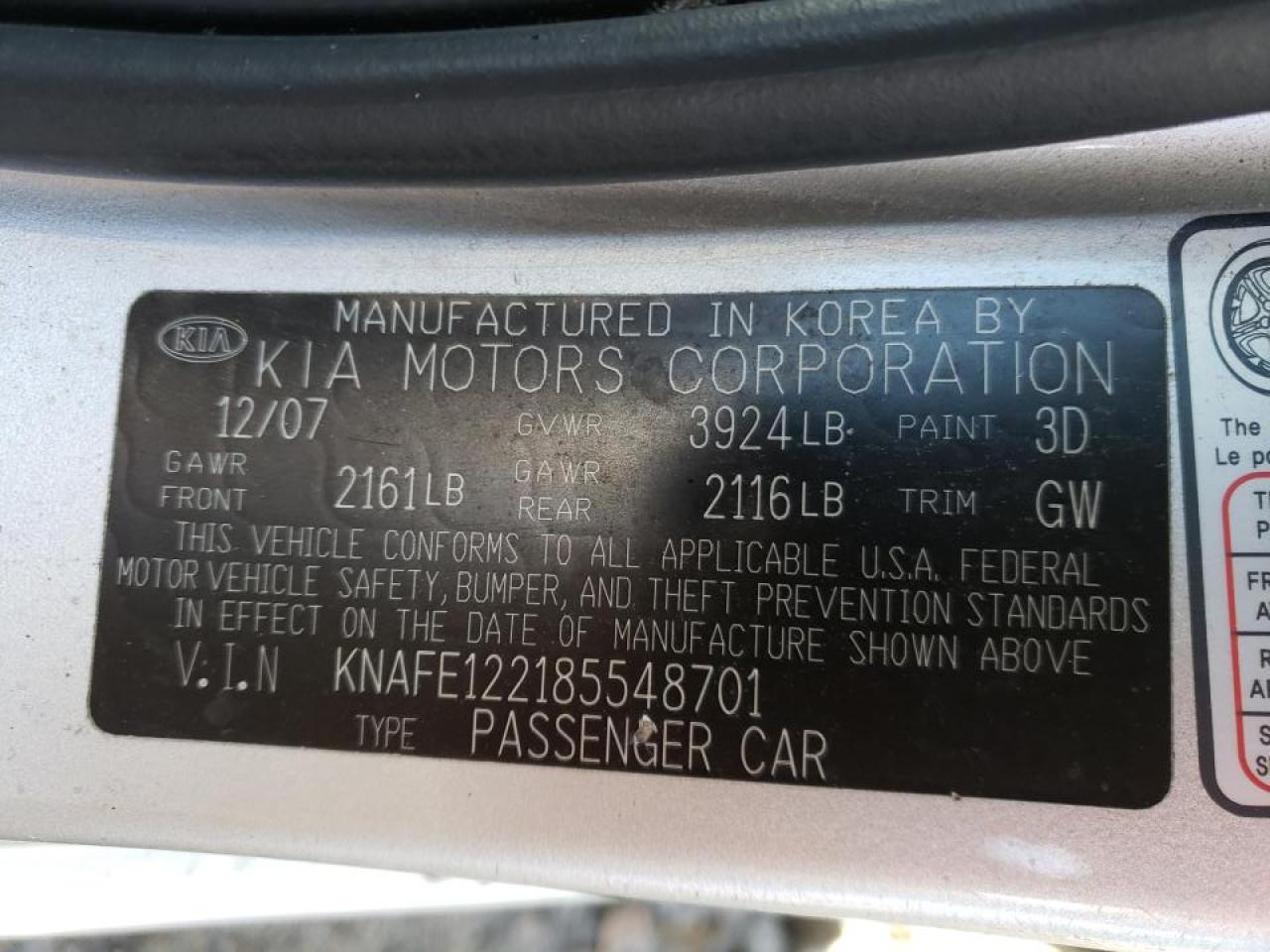 Photo 10 from auction – 2008 KIA SPECTRA EX with VIN KNAFE122185548701