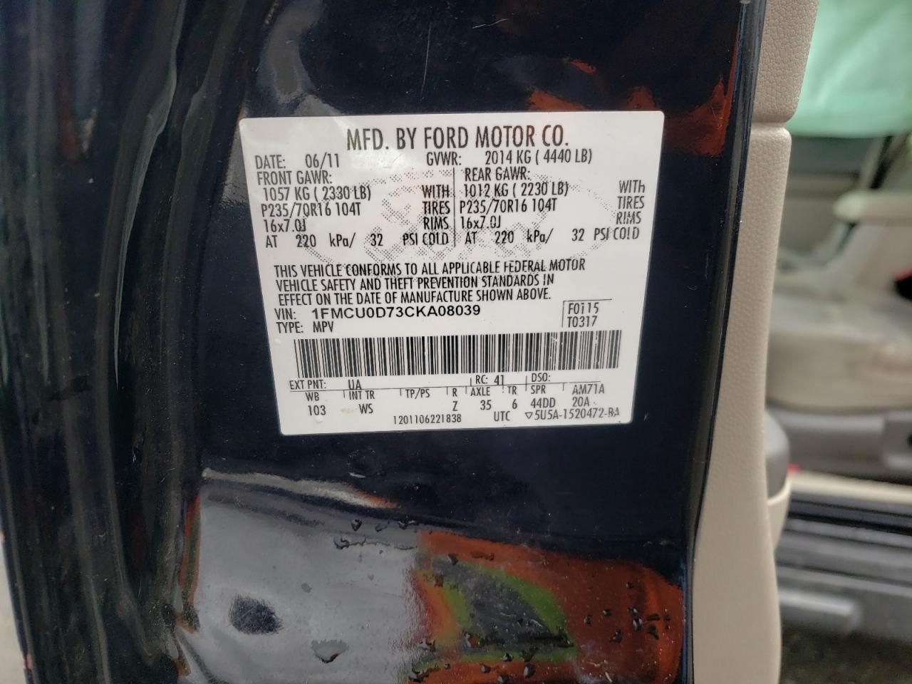 Photo 10 from auction – 2012 FORD ESCAPE XLT with VIN 1FMCU0D73CKA08039