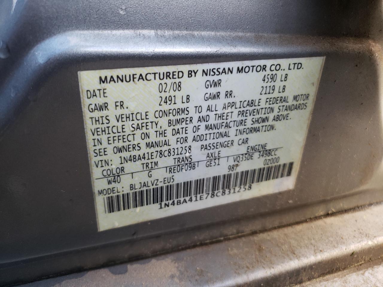 Photo 10 from auction – 2008 NISSAN MAXIMA SE with VIN 1N4BA41E78C831258