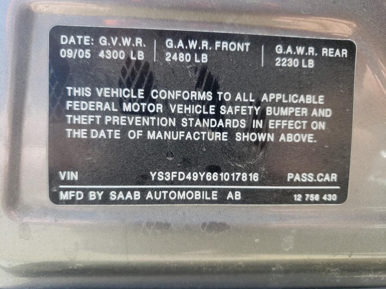 Photo 10 from auction – 2006 SAAB 9-3 with VIN YS3FD49Y661017816