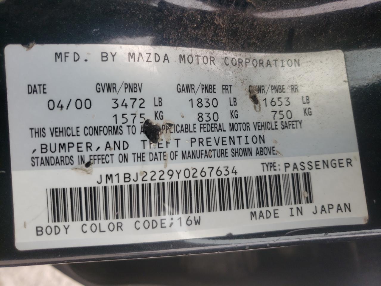 Photo 10 from auction – 2000 MAZDA PROTEGE DX with VIN JM1BJ2229Y0267634