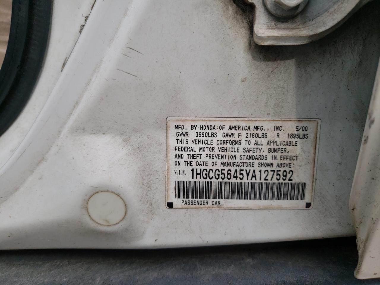 Photo 10 from auction – 2000 HONDA ACCORD with VIN 1HGCG5645YA127592