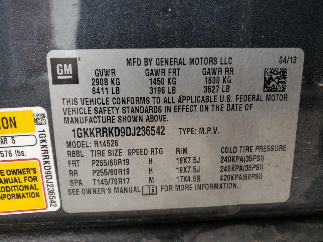 Photo 10 from auction – 2013 GMC ACADIA SLT with VIN 1GKKRRKD9DJ236542