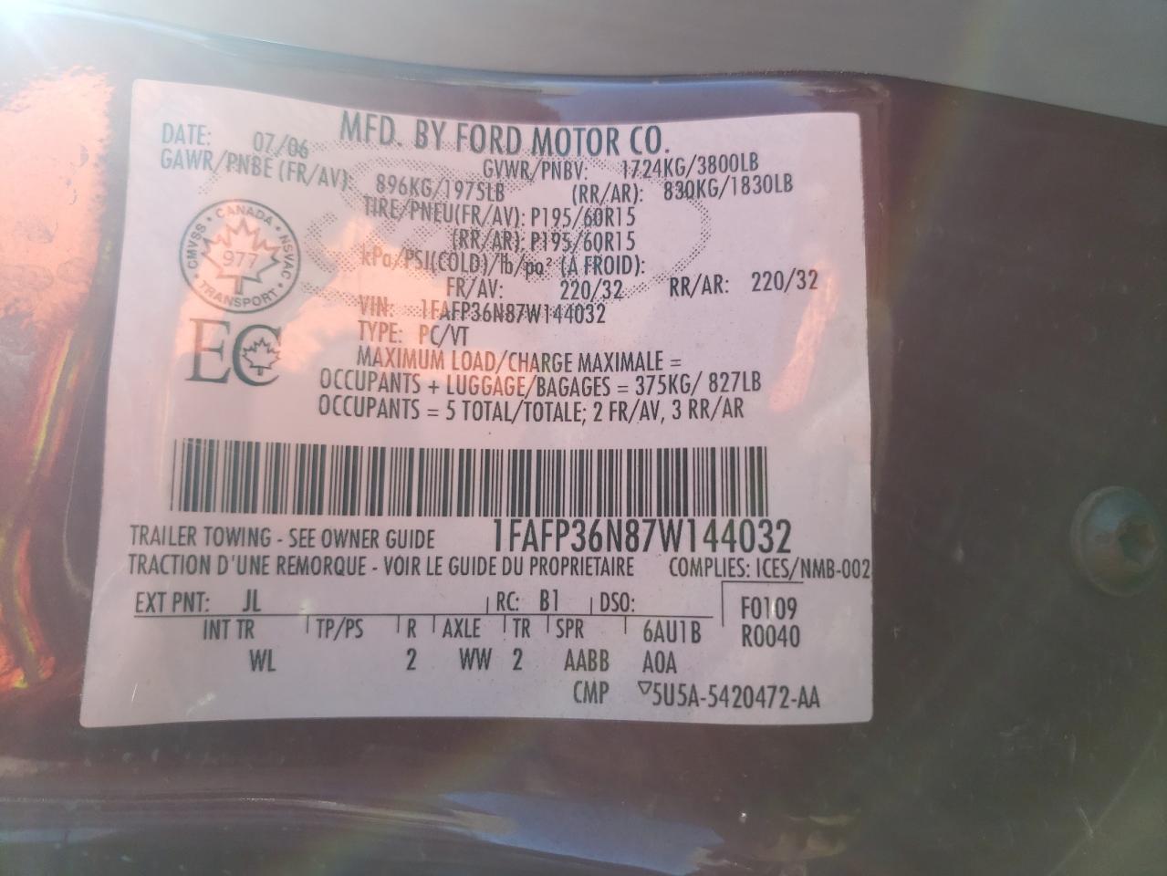 Photo 10 from auction – 2007 FORD FOCUS ZXW with VIN 1FAFP36N87W144032