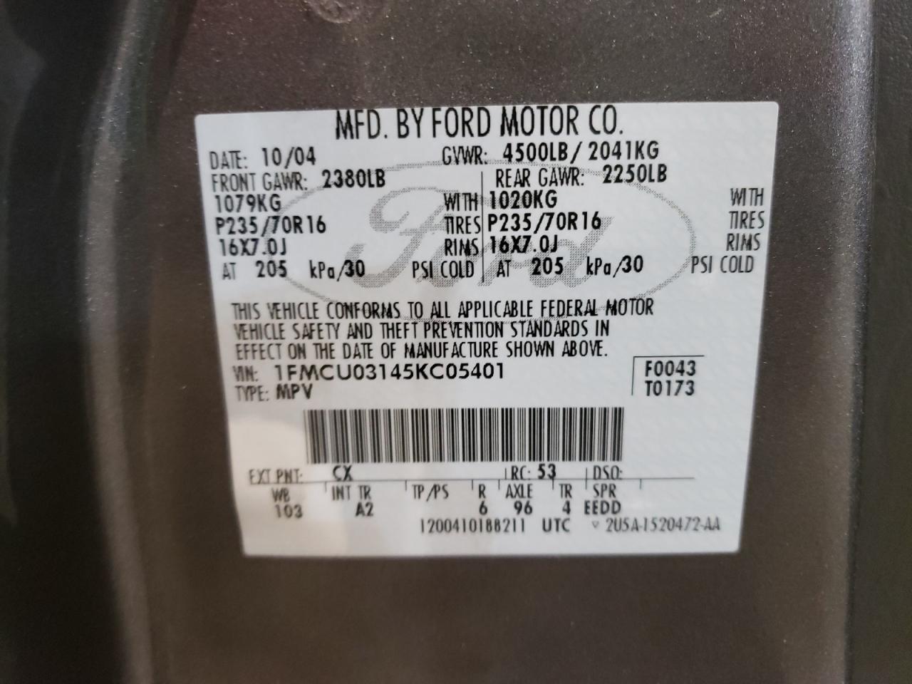 Photo 10 from auction – 2005 FORD ESCAPE XLT with VIN 1FMCU03145KC05401