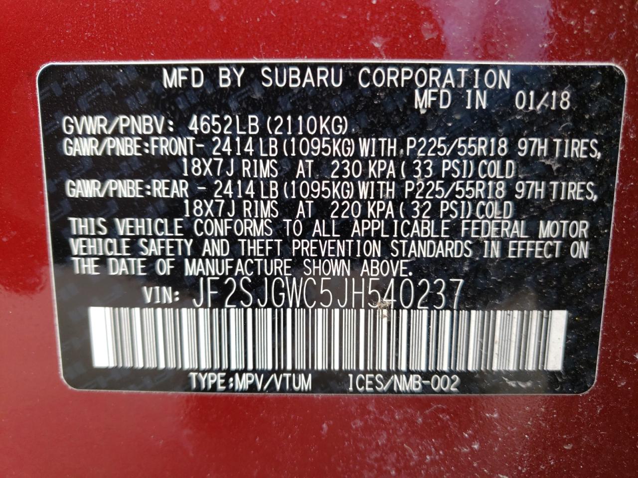 Photo 10 from auction – 2018 SUBARU FORESTER 2 with VIN JF2SJGWC5JH540237