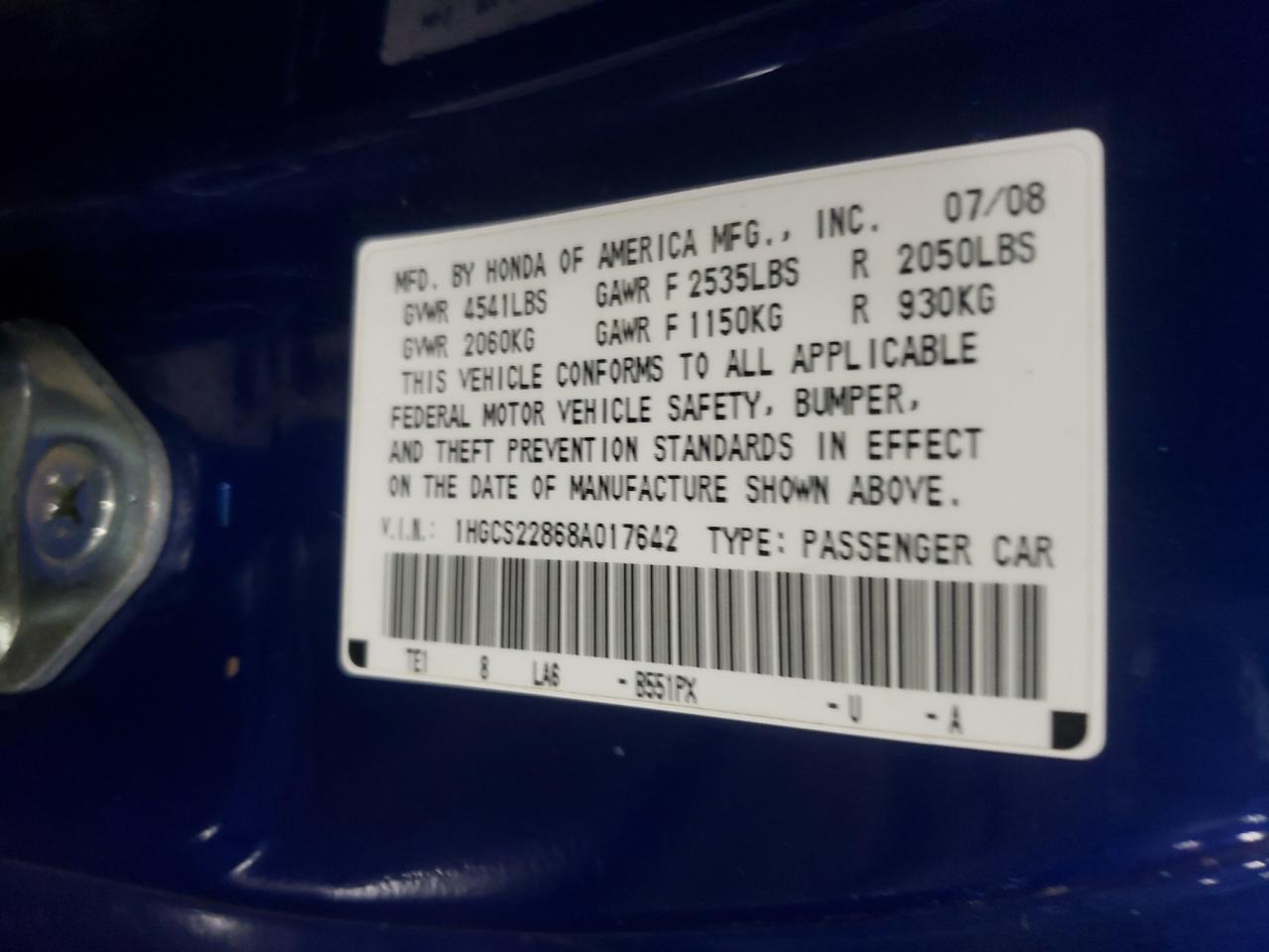 Photo 10 from auction – 2008 HONDA ACCORD with VIN 1HGCS22868A017642
