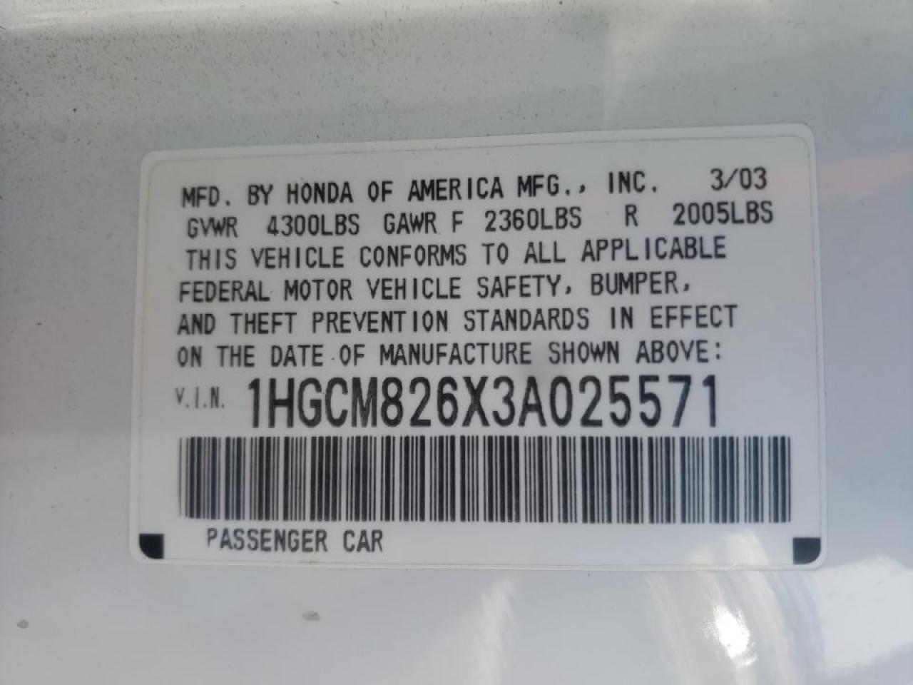Photo 10 from auction – 2003 HONDA ACCORD with VIN 1HGCM826X3A025571