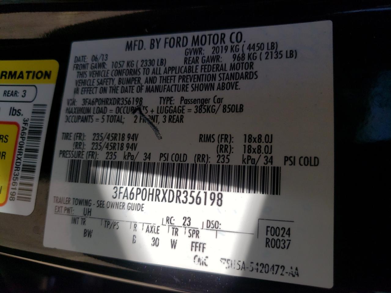 Photo 10 from auction – 2013 FORD FUSION SE with VIN 3FA6P0HRXDR356198