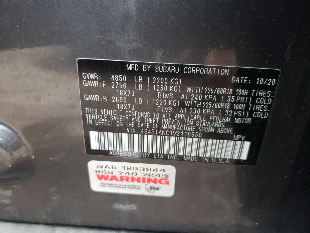 Photo 10 from auction – 2021 SUBARU OUTBACK LI with VIN 4S4BTANC1M3118650