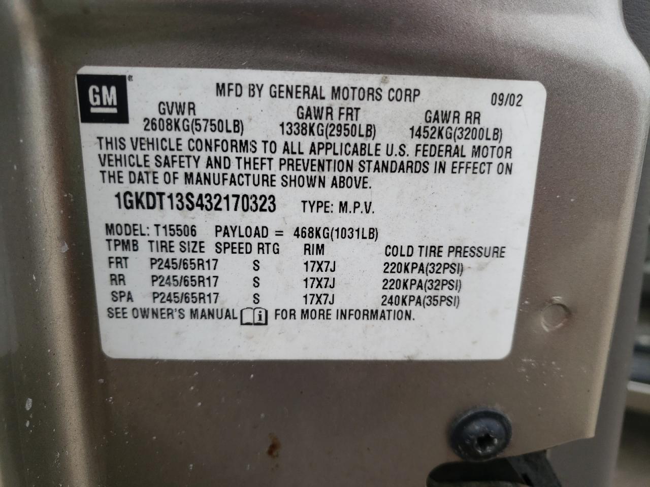 Photo 10 from auction – 2003 GMC ENVOY with VIN 1GKDT13S432170323