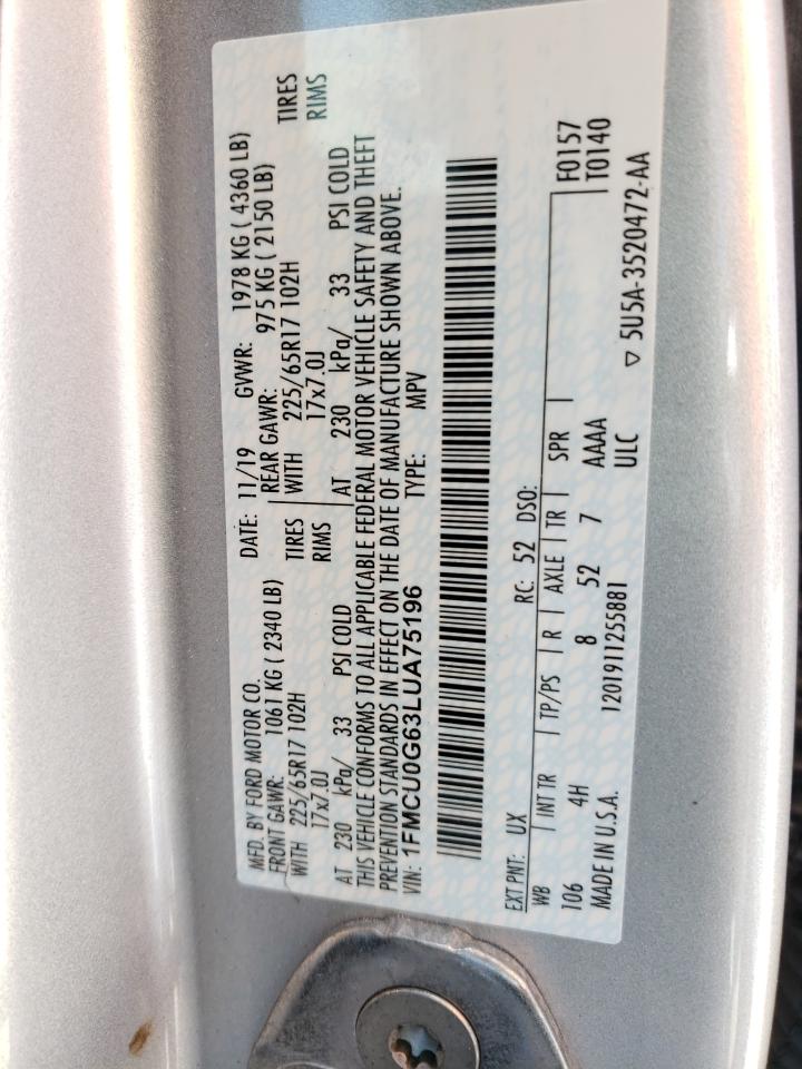 Photo 10 from auction – 2020 FORD ESCAPE SE with VIN 1FMCU0G63LUA75196