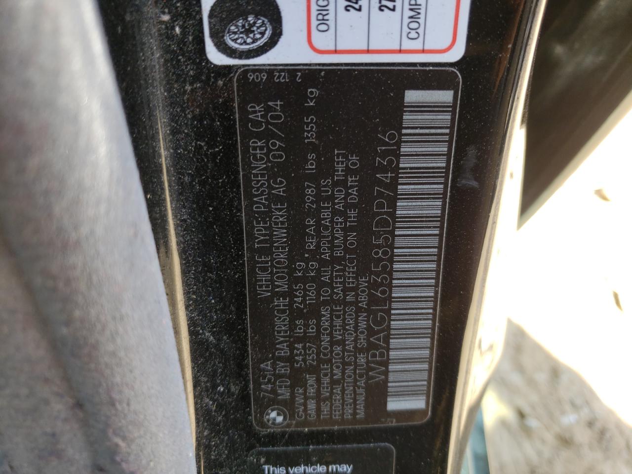 Photo 10 from auction – 2005 BMW 745 I with VIN WBAGL63585DP74316