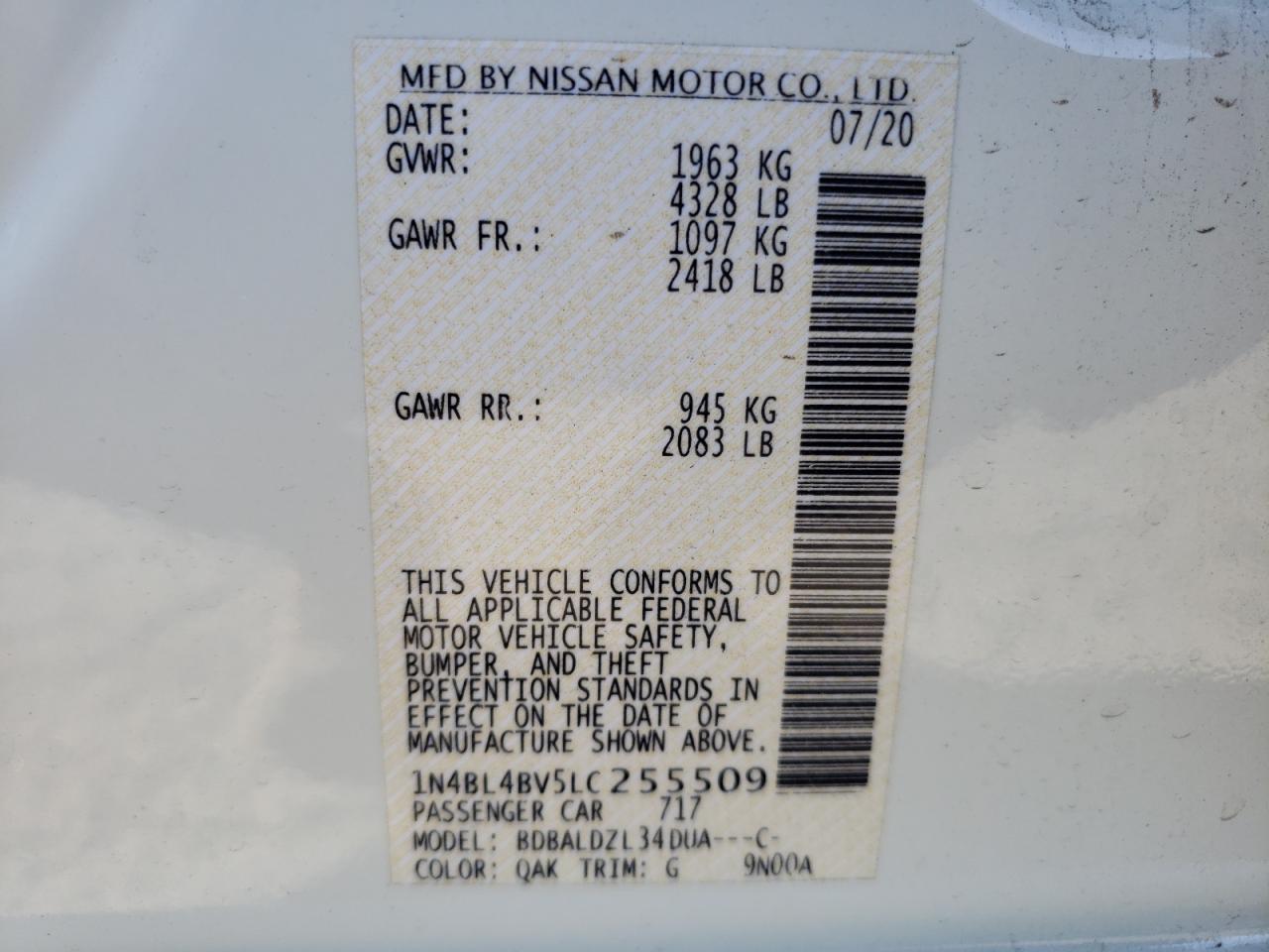 Photo 10 from auction – 2020 NISSAN ALTIMA S with VIN 1N4BL4BV5LC255509