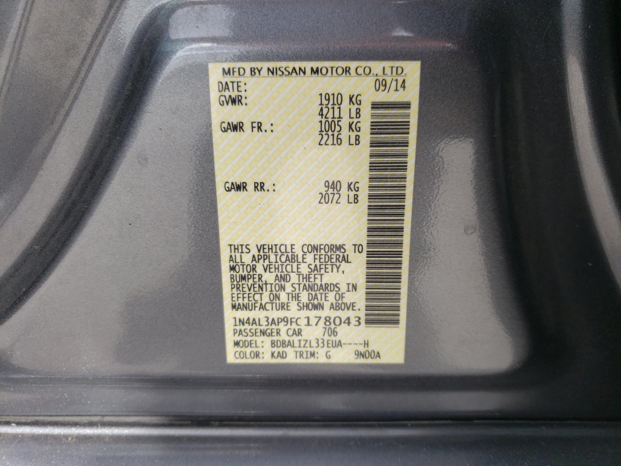 Photo 10 from auction – 2015 NISSAN ALTIMA 2.5 with VIN 1N4AL3AP9FC178043