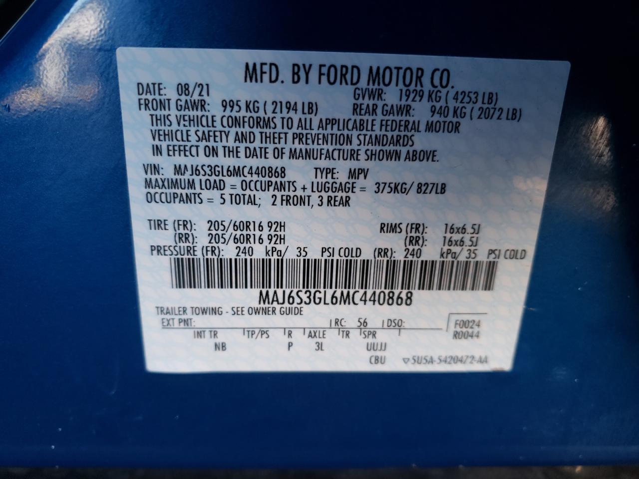 Photo 10 from auction – 2021 FORD ECOSPORT S with VIN MAJ6S3GL6MC440868