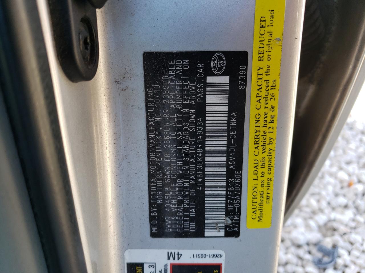 Photo 10 from auction – 2011 TOYOTA CAMRY BASE with VIN 4T4BF3EK4BR149334