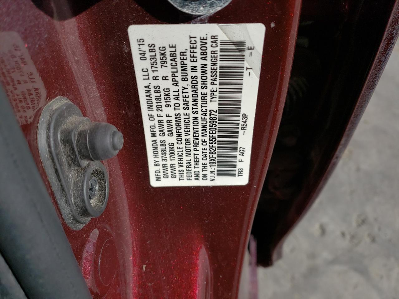 Photo 10 from auction – 2015 HONDA CIVIC LX with VIN 19XFB2F55FE059872