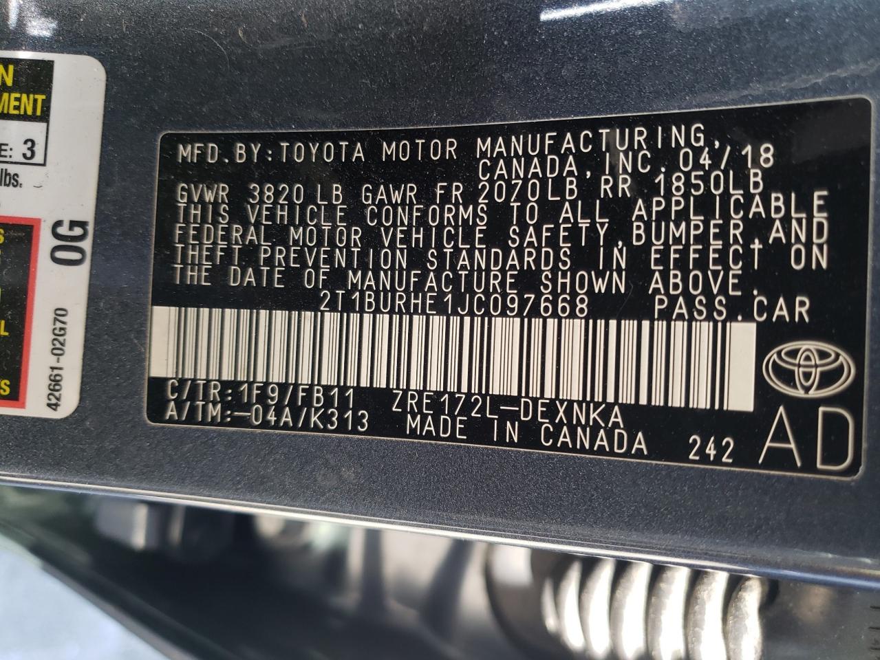 Photo 10 from auction – 2018 TOYOTA COROLLA L with VIN 2T1BURHE1JC097668