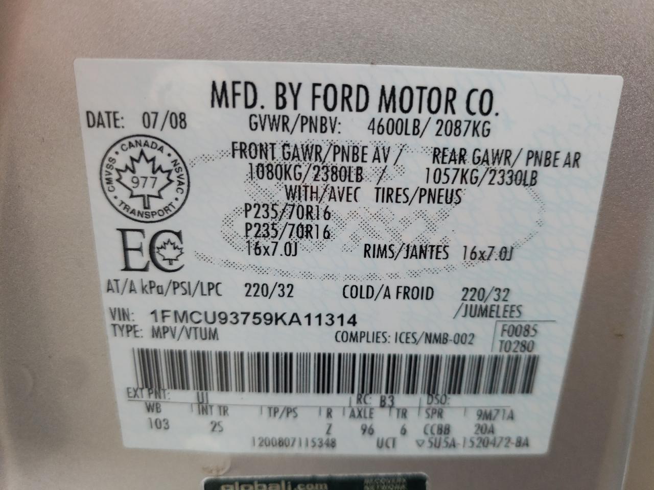 Photo 10 from auction – 2009 FORD ESCAPE XLT with VIN 1FMCU93759KA11314