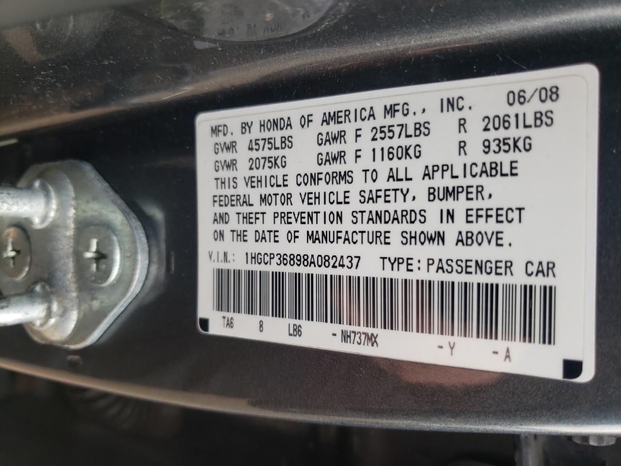 Photo 10 from auction – 2008 HONDA ACCORD EXL with VIN 1HGCP36898A082437