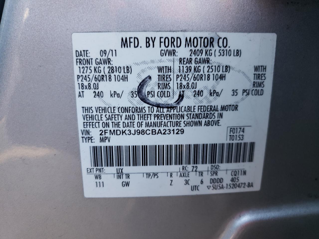 Photo 10 from auction – 2012 FORD EDGE SEL with VIN 2FMDK3J98CBA23129