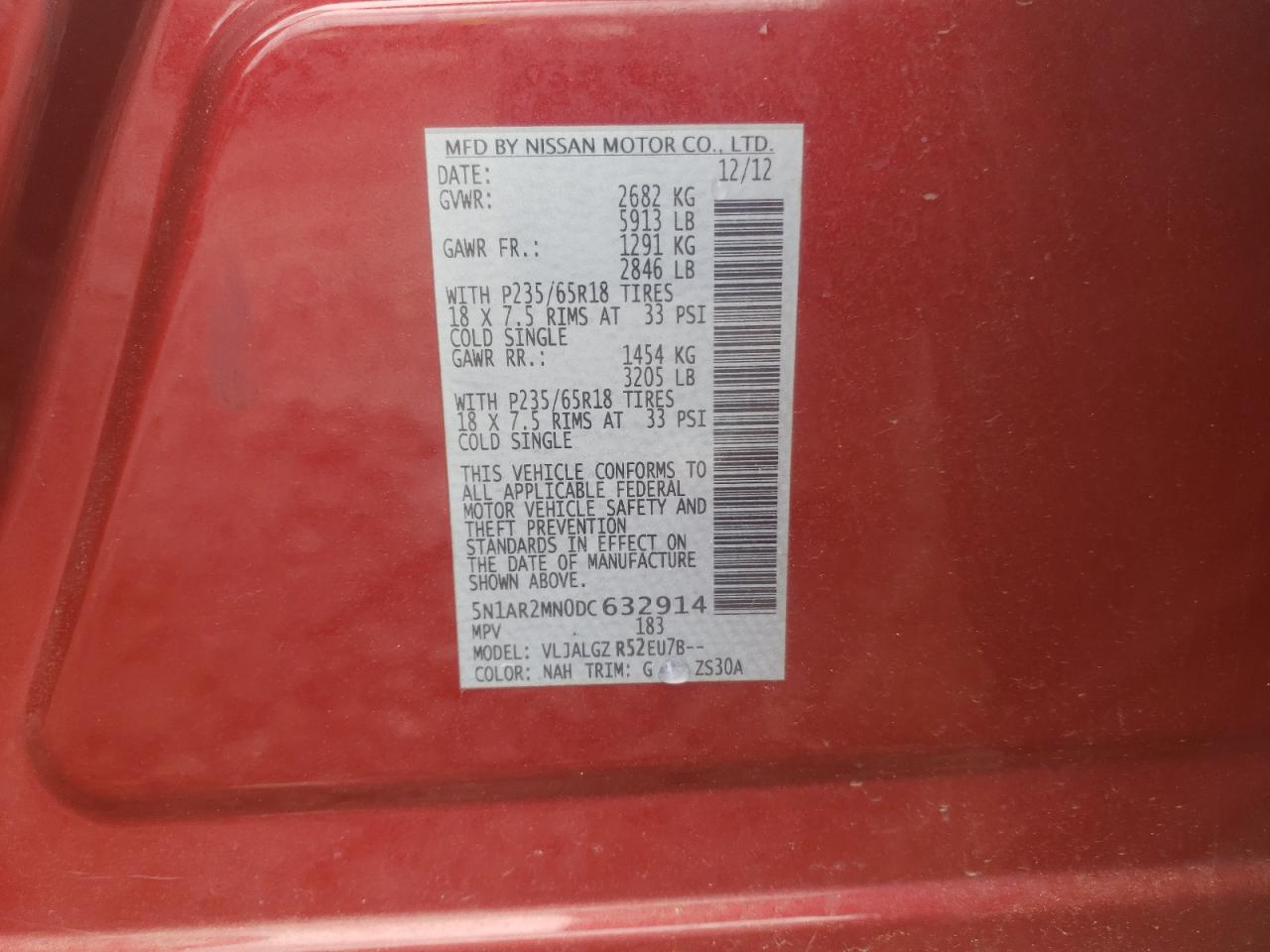 Photo 10 from auction – 2013 NISSAN PATHFINDER with VIN 5N1AR2MN0DC632914
